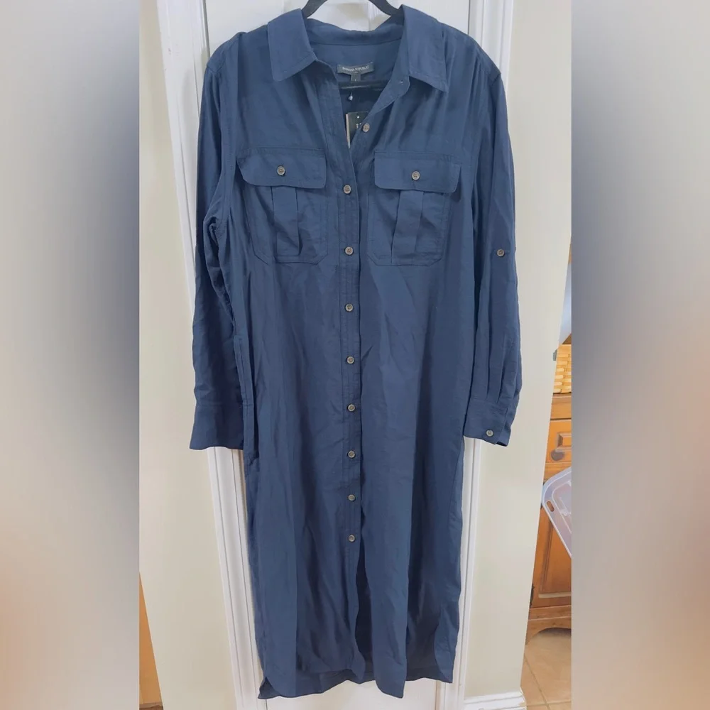 Banana RepublicNWT Navy Button-Front Midi Shirt Dress pit to pit 21.5-mix25) - Picture 2 of 7